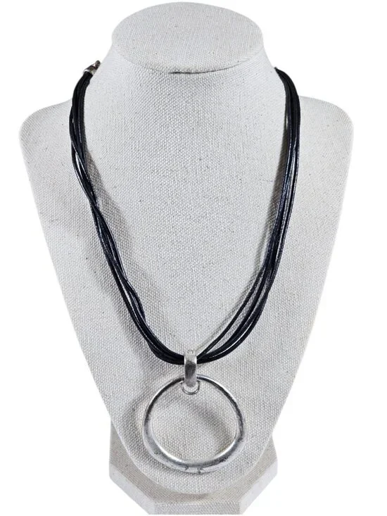 Premier Designs Silver Tone Open Circle Pendant Necklace Multi Strand Black Cord - Picture 1 of 8